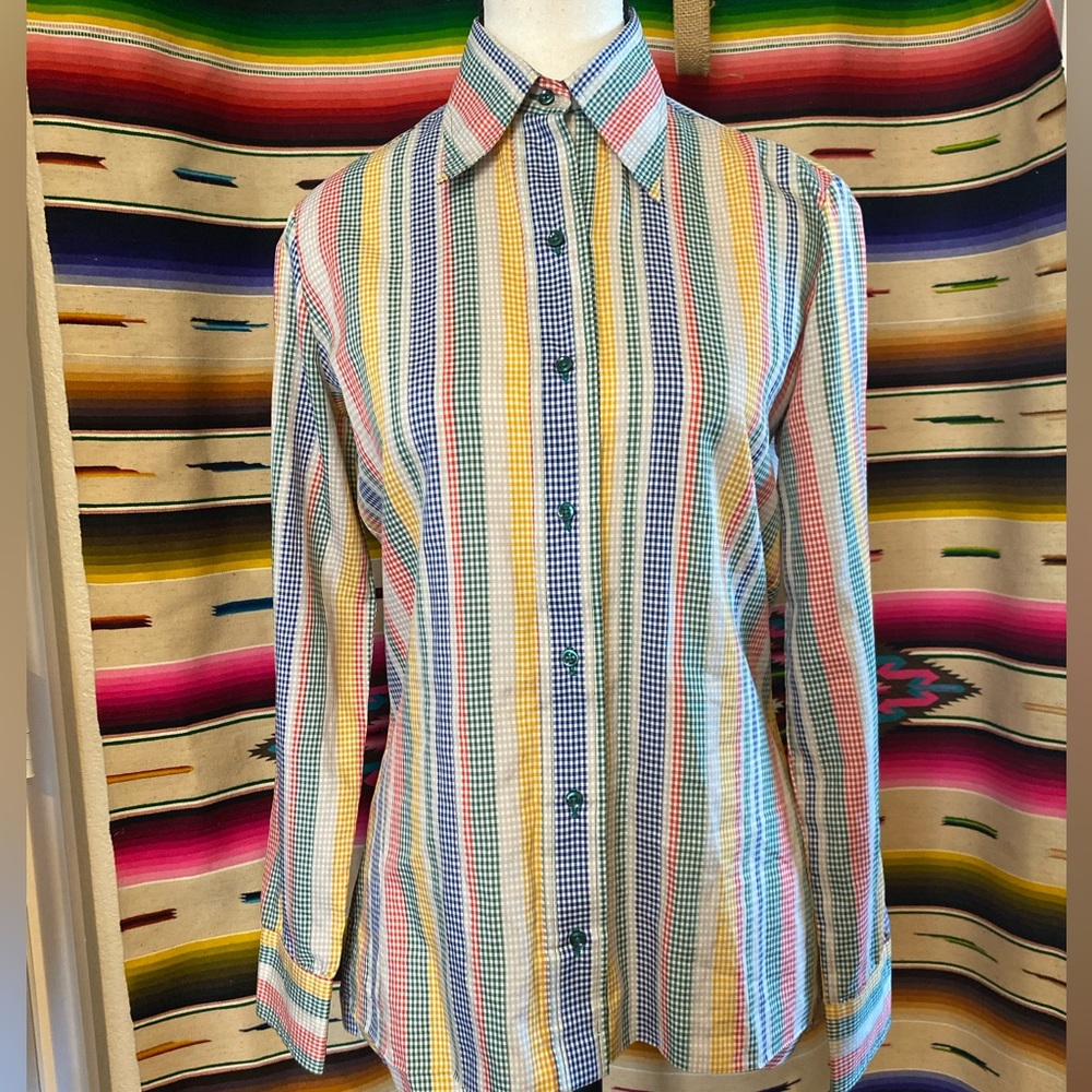 SOLD!! 70s VINTAGE RAINBOW GINGHAM BUTTON DOWN SHIRT